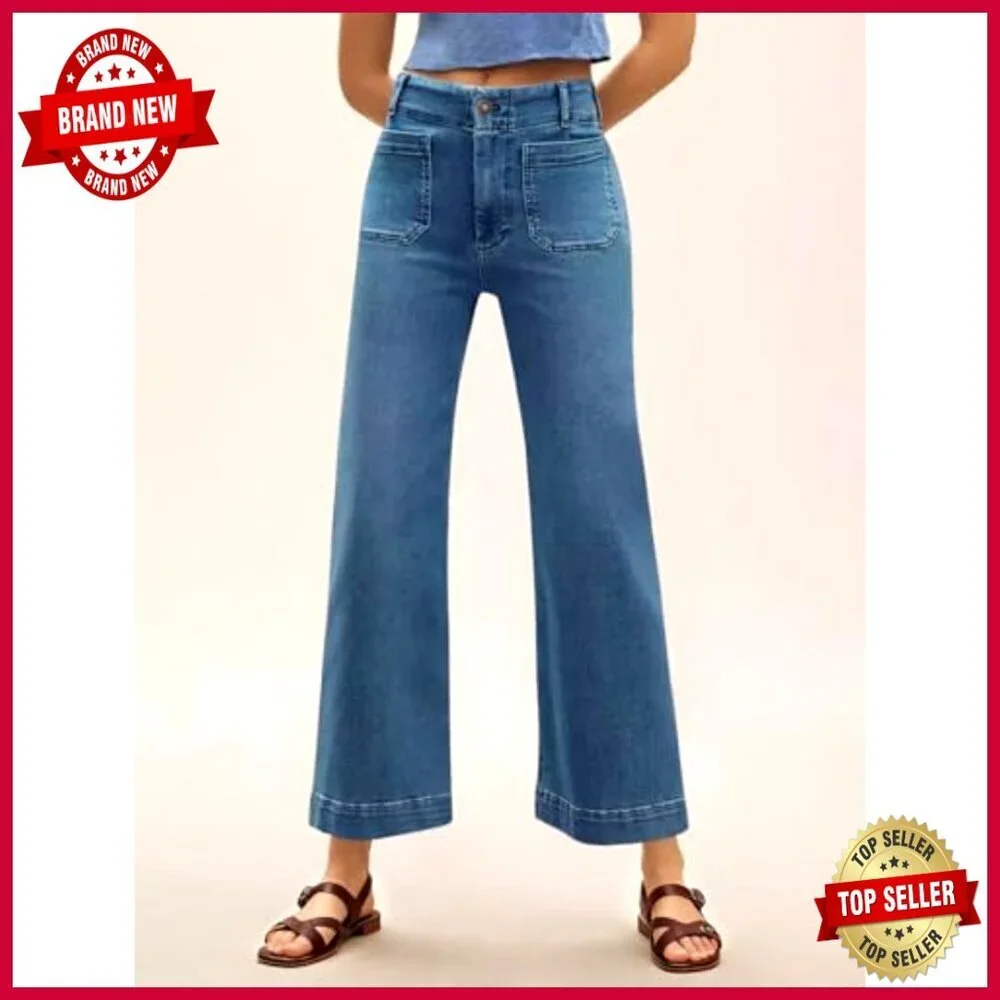 High Waisted Wide Leg Cropped Jeans Stretchy Flare Denim Pants - Picture 3 of 7